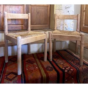 Pair Of Solid Wood Straw-seated Chairs – Carimate Style – 1960s/70s