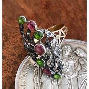 Antique Gold And Silver Suffragette Ring – Amethyst, Peridot, And Diamonds – England, Circa 190