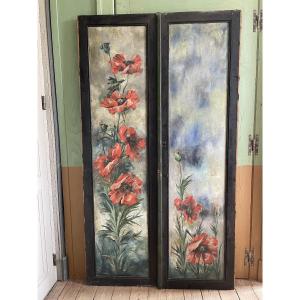 Pair Of Painted Doors Depicting Poppies Dated 1904