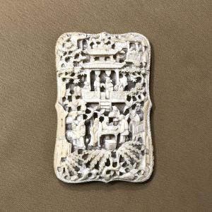 Antique Carved Ivory Tablet Case / Card Holder From Canton, 19th Century, China, Canton