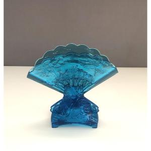 Antique Fan Vase With Japanese-style Decor In Blue Crystal By Baccarat