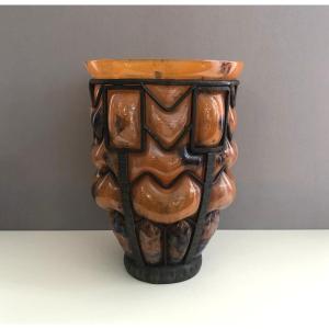 Lorraine Vase In Marbled Glass And Wrought Iron By The Daum Glassworks In Croismare