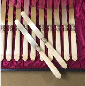 12 Vermeil Fruit Knives, Minerve Hallmark, Ivory Handles, Coquille Model
