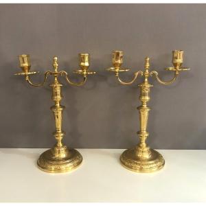 Pair Of 18th Century Gilt Bronze Torches/candlesticks Decorated With Ecclesiastical Coats Of Arms
