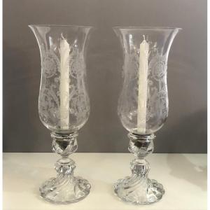 Pair Of Crystal Candlesticks / Tealight Holders Stamped Baccarat Model Bambou
