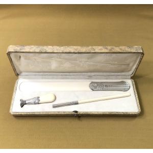 Antique Desk Set In Ivory And Solid Silver, Louis XVI Decor