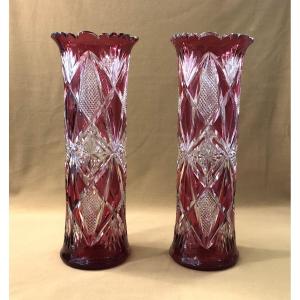 Baccarat - Pair Of Red Lined Overlay Crystal Roll Vases 34.5 Cm