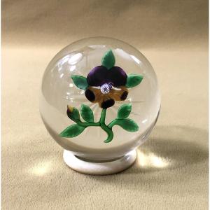 Baccarat - Antique Crystal Paperweight / Sulphide With Pansy Decoration