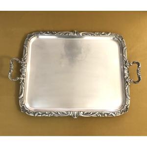 Large Serving Tray With Ercuis Handles In Silver Metal, Regence Model 67 X 48 Cm