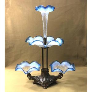 Antique Stork/centerpiece In Blue Opalescent Glass, 50 Cm