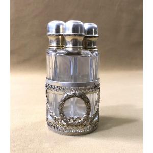 "scent Cellar" In Silver-gilt With The Minerva Hallmark, Containing 4 Crystal Perfume Bottles, 19th Century