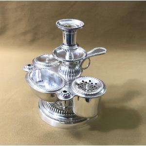 Antique Silvered Bronze Portable Desk/candle Holder/inkwell Set - Late 18th Century