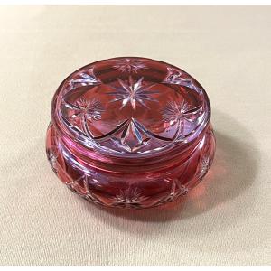 Round Crystal Box/bonbonnière With Red Overlay By Baccarat