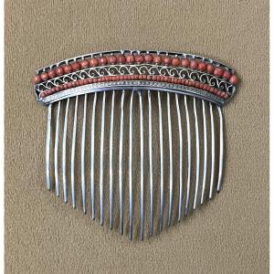 Antique Empire Period Hair Comb In Solid Silver And Coral Beads