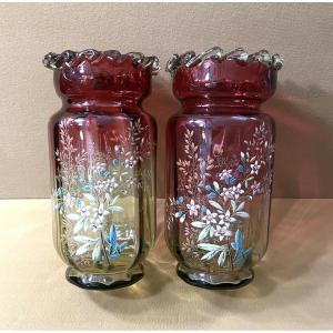 Théodore Legras - Pair Of "rosario" Enameled Glass Vases