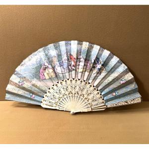 Antique Wallpaper Fan, Openwork And Gilded Bone Frame, 18th Century