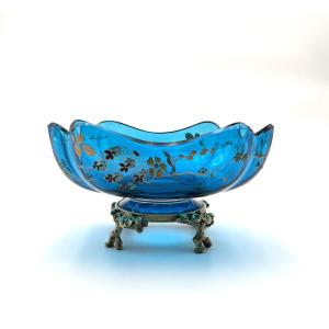 Baccarat - Blue Enameled Crystal Bowl On A Bronze Base, Late 19th Century