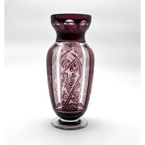 Cristalleries De Nancy - Antique Art Deco Period Vase In Double-layered Crystal, Amethyst