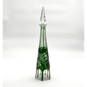 Baccarat - Antique Cut Crystal Decanter With Green Overlay And Vine Decoration