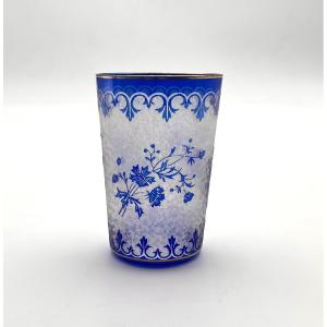 Saint Louis - Old Blue Lined Crystal Glass / Goblet With Acid-etched Decoration