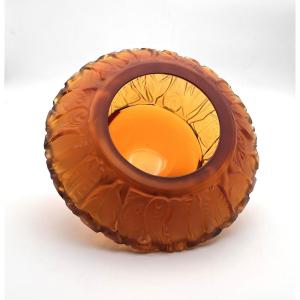 Portieux - Art Deco Amber Crystal Vase Decorated With Feathers