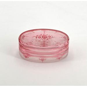 Val Saint Lambert - Rose Lined Crystal Oval Box, Acid-etched Decoration, Stamped