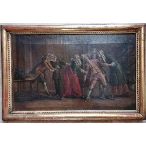 XVIIIth Table. Hst. 84 X 43. Interior Scene. Frame In Golden Wood With Pearls.