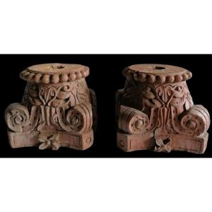 Pair Of Carved Wooden Capitals Or Bases