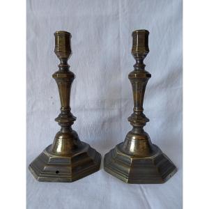 Paire bougeoirs C couronné bronze argenté  XVIII siècle