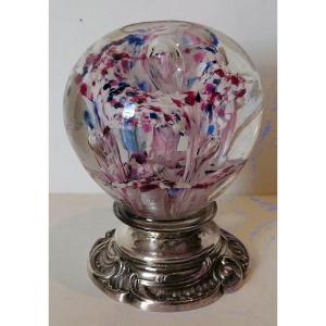 Sulfur Ball Paperweight Base On Silver.