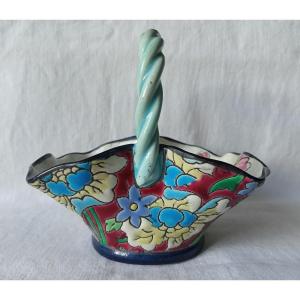 Longwy Basket Red Longwy Earthenware And Dragonfly