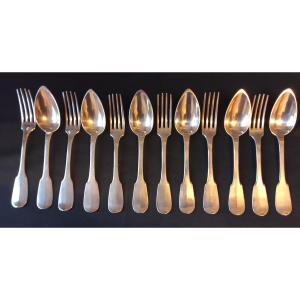 Solid Silver Single-plate Cutlery, Minerva. 6 Table Settings. End Of The 19th Century.