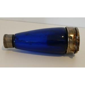 Pocket Spittoon In Blue Glass And Nickel-plated Metal, 19th Century. Very Good Condition.