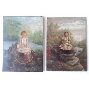 Pair Of Paintings Of A Little Girl With A Hoop. 19th Century Painting On Wood.