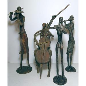 Bronze Musicians, Brutalism, Abstract, In The Spirit Of Alberto Giacometti