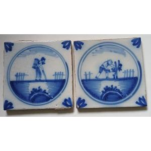 The Vine And The Wine. 2 Earthenware Tiles: The Pruning And The Hotteux 