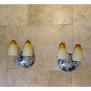 Vintage Wall Lights In Stainless Steel And Glass Paste. Circa 1970. (italian Design).