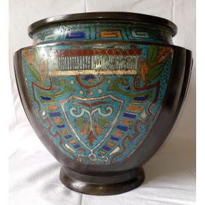 Napoleon III Champlevé Bronze Cachepot. Late 19th Century. Heraldry