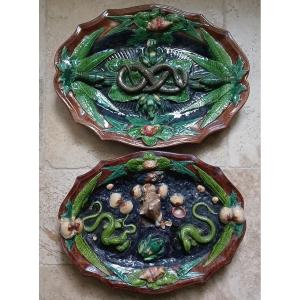 Barbotines. Pair Of Dishes. Charles-jean Avisseau, Alfred Renoleau ?