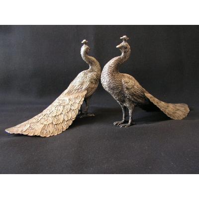 Pair Of Peacocks Sterling Silver