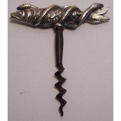Figurative Corkscrew, Of A Fish ( A Pike ?) Entwined By Two Eels. Silver Bronze.