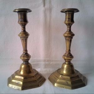 Pair Of Silvered Bronze Candlesticks With Crowned C, 18th Century.