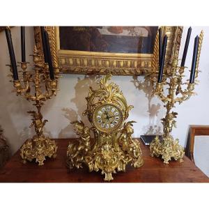 Mantelpiece Set (clock And Candelabra) Bronze Rococo Style Circa 1900