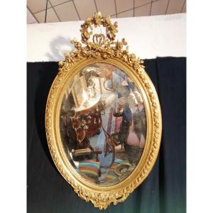 Glace Medaillon Ovale En Stuc Doré 19eme