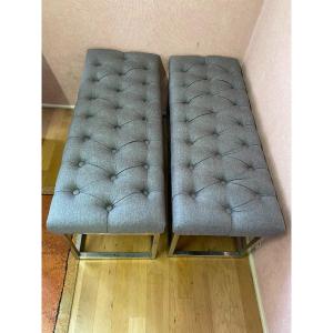 Pair Of Padded Benches, Chromed Metal And Gray Fabric