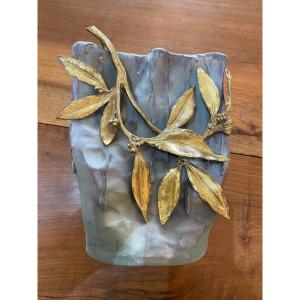 Terracotta Vase With Bronze Foliage From The 70s. Good Condition.