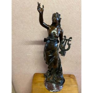 Bronze Young Woman With Lyre. Signed Mavau