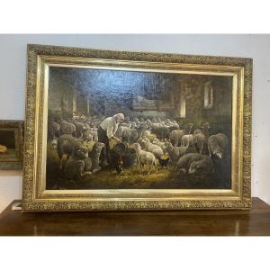 Oil On Canvas Depicting A Sheepfold.