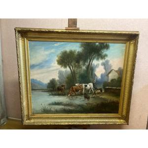 Large Oil On Canvas Depicting A Herd Of Cows And Its Shepherd