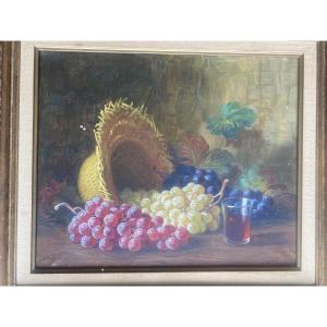 Oil On Canvas Signed Francisco Segura Domingo 1893-1974 "still Life With Grapes, Hat"